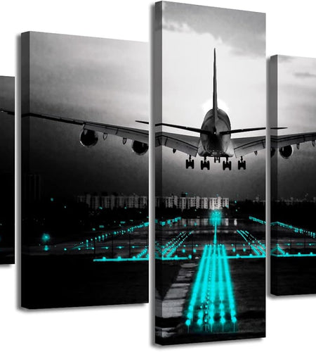 Boys Room Decor Black and White Wall Art Airplant Landing Pictures Modern Aviation Artwork Decorations 60" W X 32" H 5 Pieces