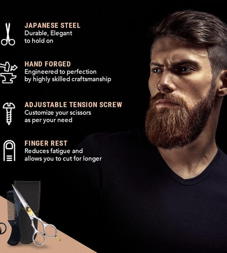 Premium Hand Forged Mustache Scissors 5.5" - Barber Salon Japanese Steel Scissors - Beard Mustache Hair Shears Bangs Haircuts - Beard Scissors for Men Hair Trimming Scissors - Rest Hook Silver