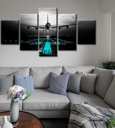 Boys Room Decor Black and White Wall Art Airplant Landing Pictures Modern Aviation Artwork Decorations 60" W X 32" H 5 Pieces